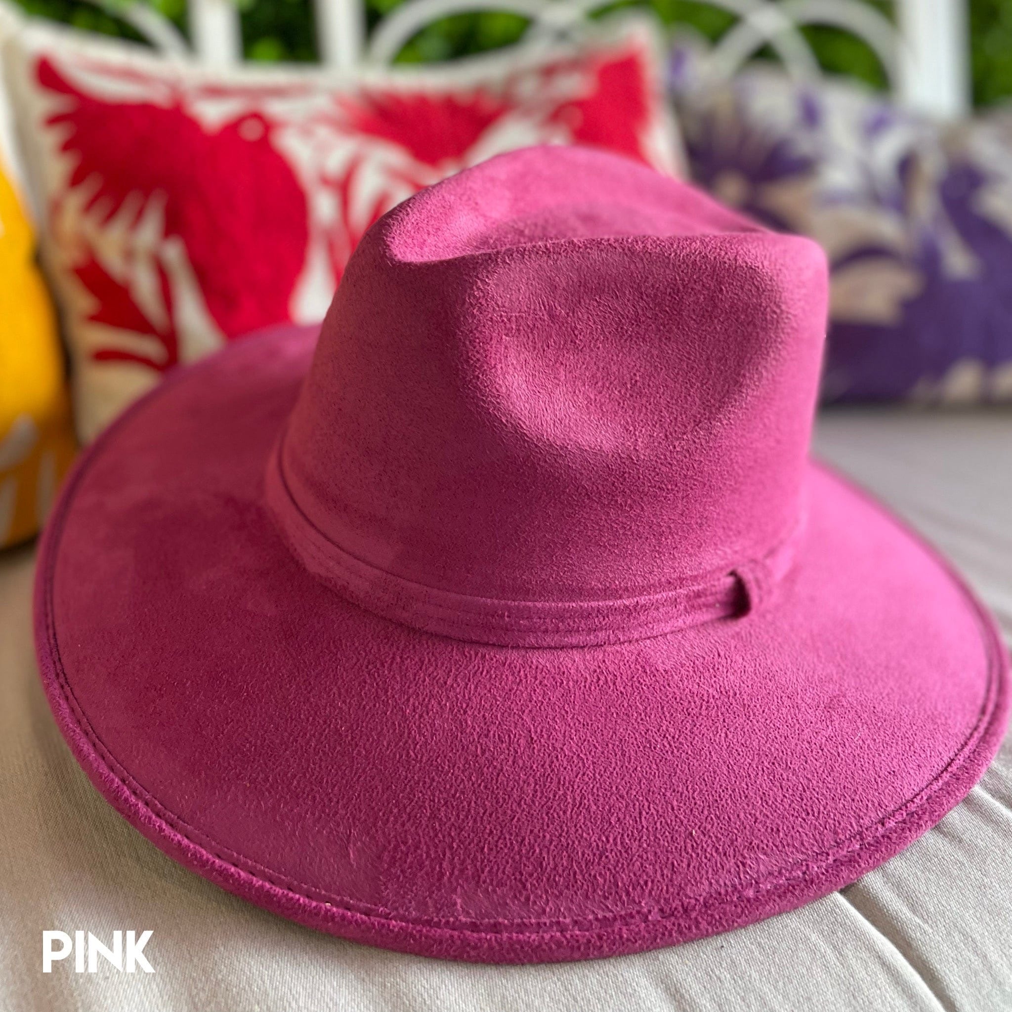 Fuschia Pink Suede Wide-Brim Rancher Fedora Hat Mexico Boho Rodeo Western Pretty Pink fuchsia revolver gun rose floral burned suede wide brim  main image 3