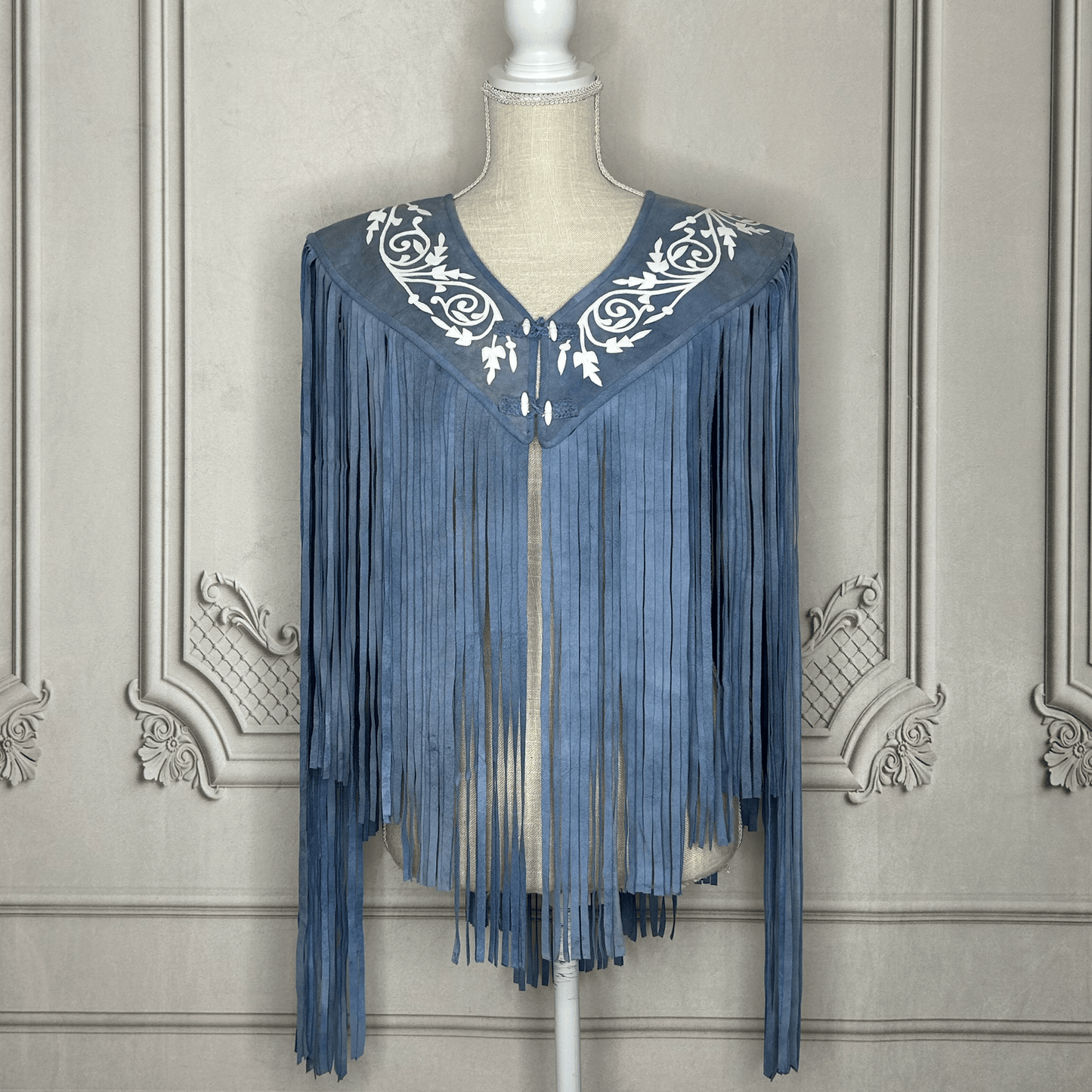 Chalina Tamaulipeca Leather Fringed Cape - Denim w/ White Chalina Tamaulipeca Leather Fringed Cape - Denim w/ White