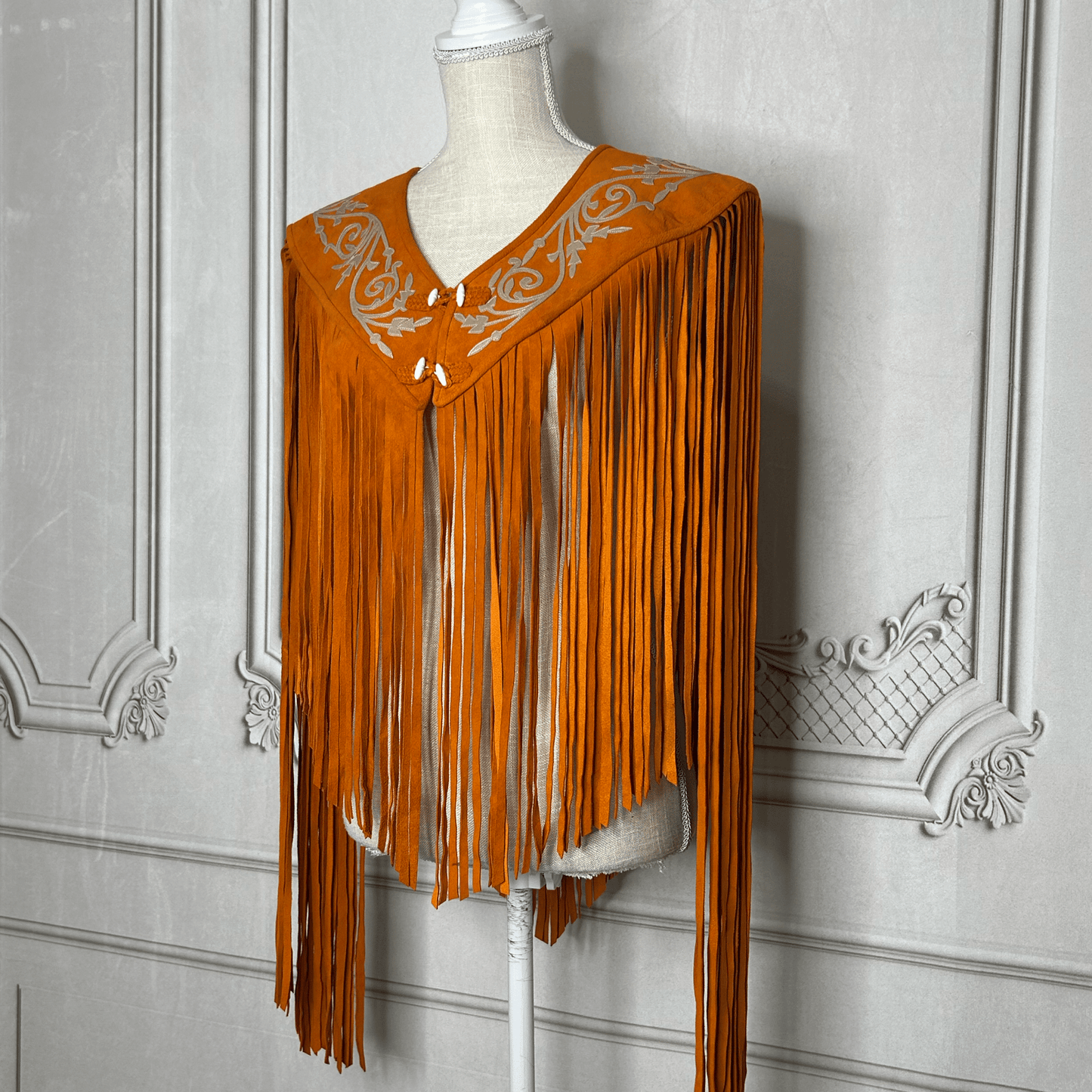 Chalina Tamaulipeca Leather Fringed Cape - Orange w/ Gold Chalina Tamaulipeca Leather Fringed Cape - Orange w/ Gold