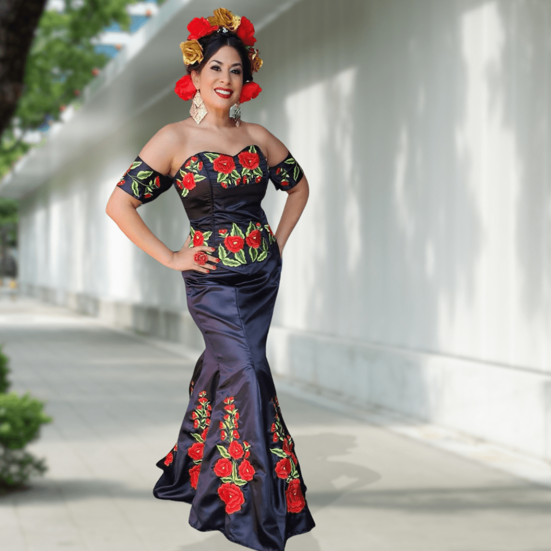 Embroidered Mexican Evening Dress Maria Bonita Camelia Mexican Boutique