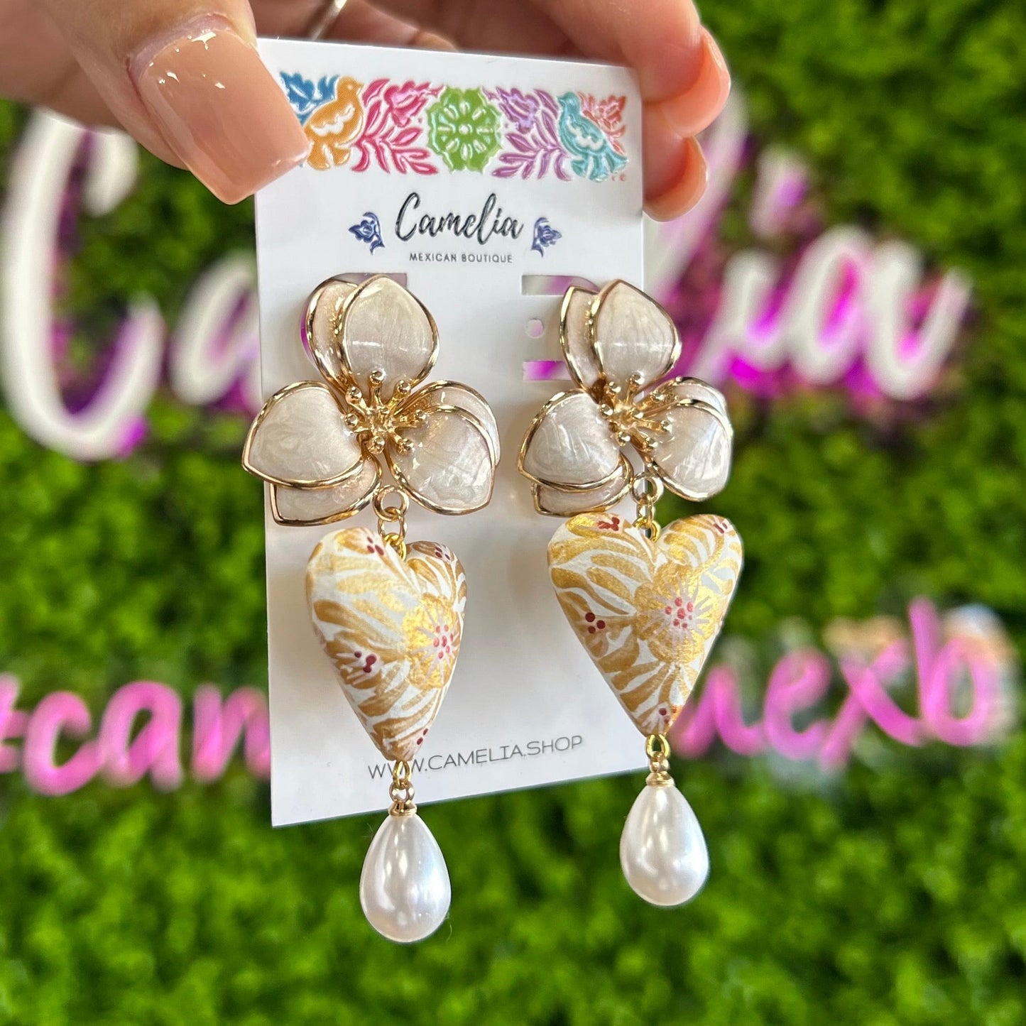 Floral Pearl Drop Hand Painted Heart Earrings Floral Pearl Drop Hand Painted Heart Earrings