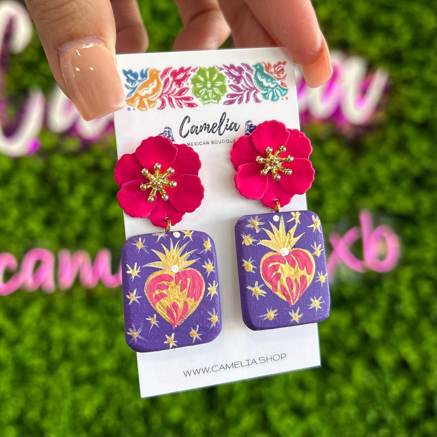 Hand Painted Floral Sacred Heart Design Drop Earrings Hand Painted Floral Sacred Heart Design Drop Earrings