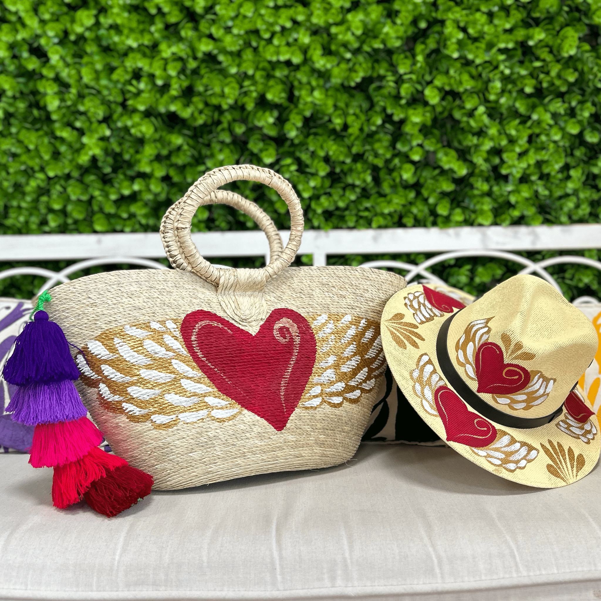 Hand Painted Flying Heart Tote and Hat Set – Camelia Mexican 
