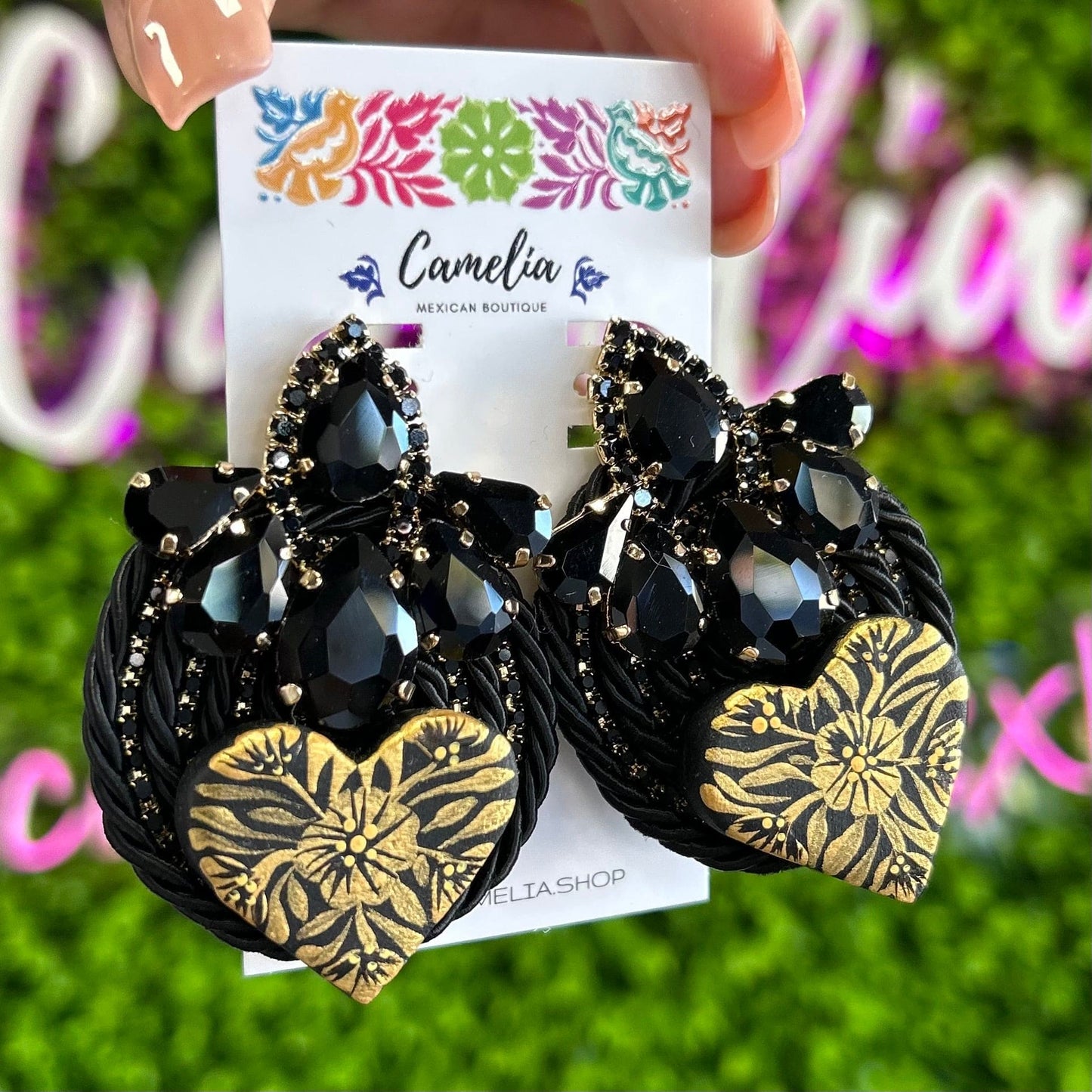 Hand Painted Heart and Jewel Statement Earrings Hand Painted Heart and Jewel Statement Earrings