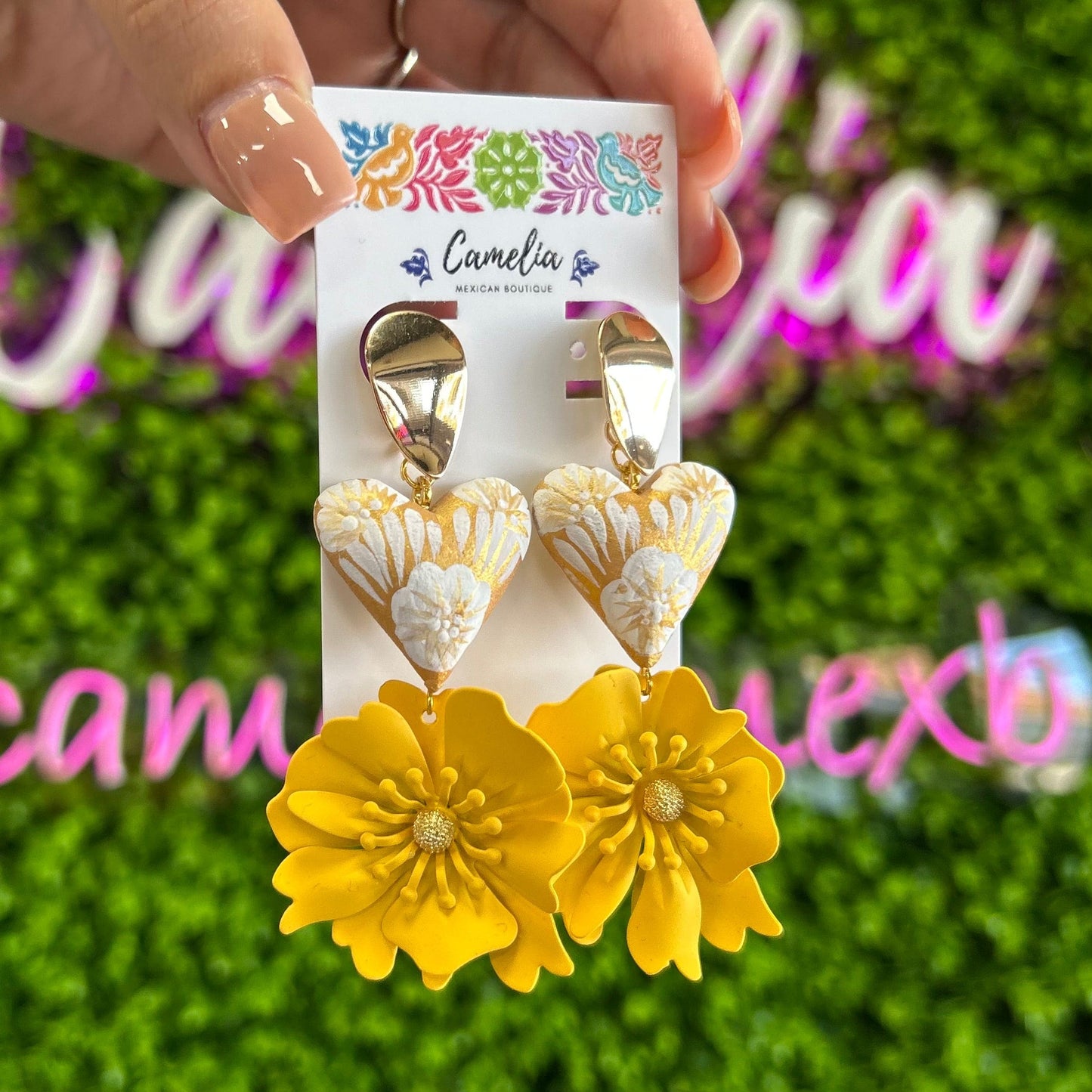 Hand Painted Heart Flower Drop Earrings Hand Painted Heart Flower Drop Earrings