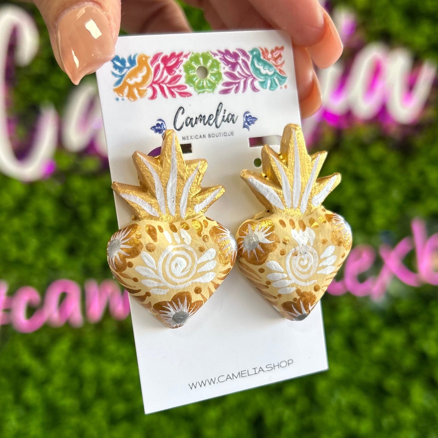 Hand Painted Sacred Heart Milagrito Earrings Hand Painted Sacred Heart Milagrito Earrings