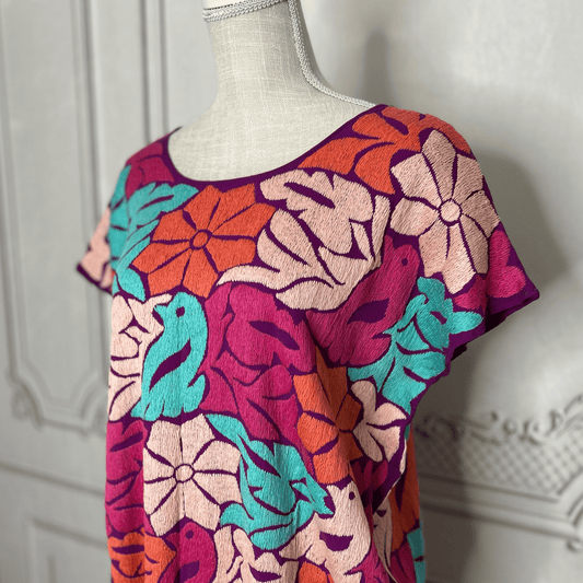 Jalapa Mexican Huipil Caftan Dress - Midi Length Pink Jalapa Mexican Huipil Caftan Dress - Midi Length Pink