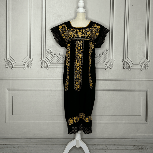 Laced Trim Mexican Midi Dress - Puebla Black Laced Trim Mexican Midi Dress - Puebla Black