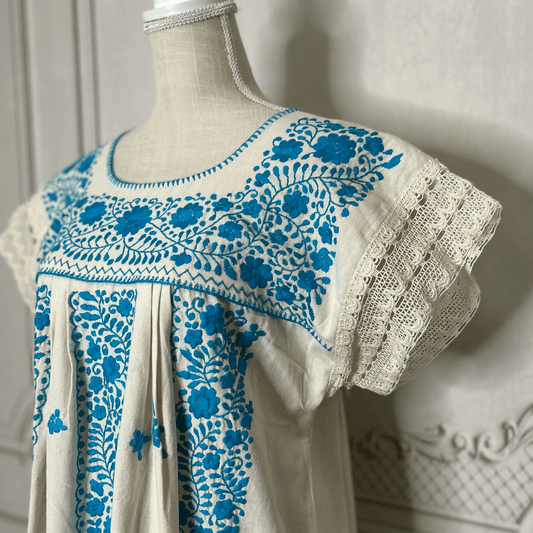 Laced Trim Mexican Midi Dress - Puebla Cream Laced Trim Mexican Midi Dress - Puebla Cream