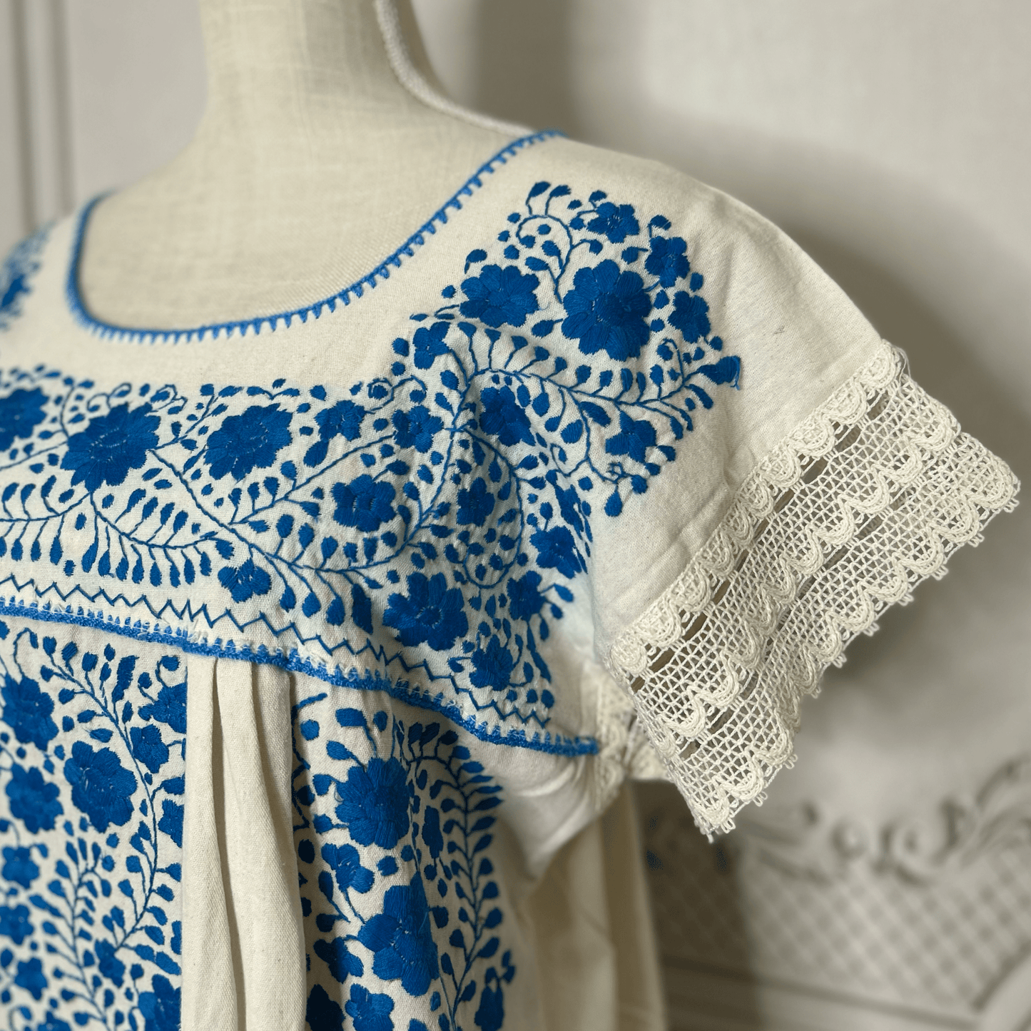 Laced Trim Mexican Midi Dress - Puebla Cream Laced Trim Mexican Midi Dress - Puebla Cream