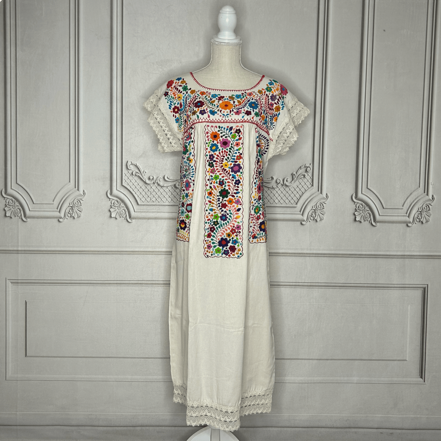 Laced Trim Mexican Midi Dress - Puebla Multi Laced Trim Mexican Midi Dress - Puebla Multi