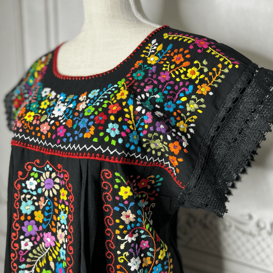 Laced Trim Mexican Midi Dress - Puebla Multi Laced Trim Mexican Midi Dress - Puebla Multi