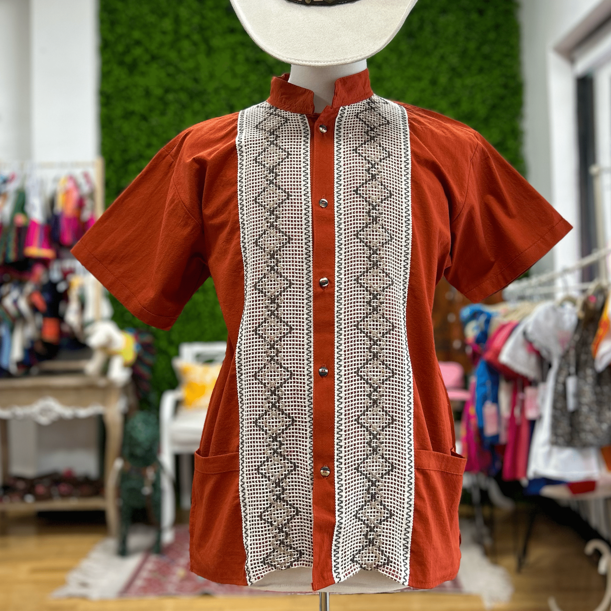Men's Burnt Orange Guayabera - Geometric Trim – Camelia Mexican