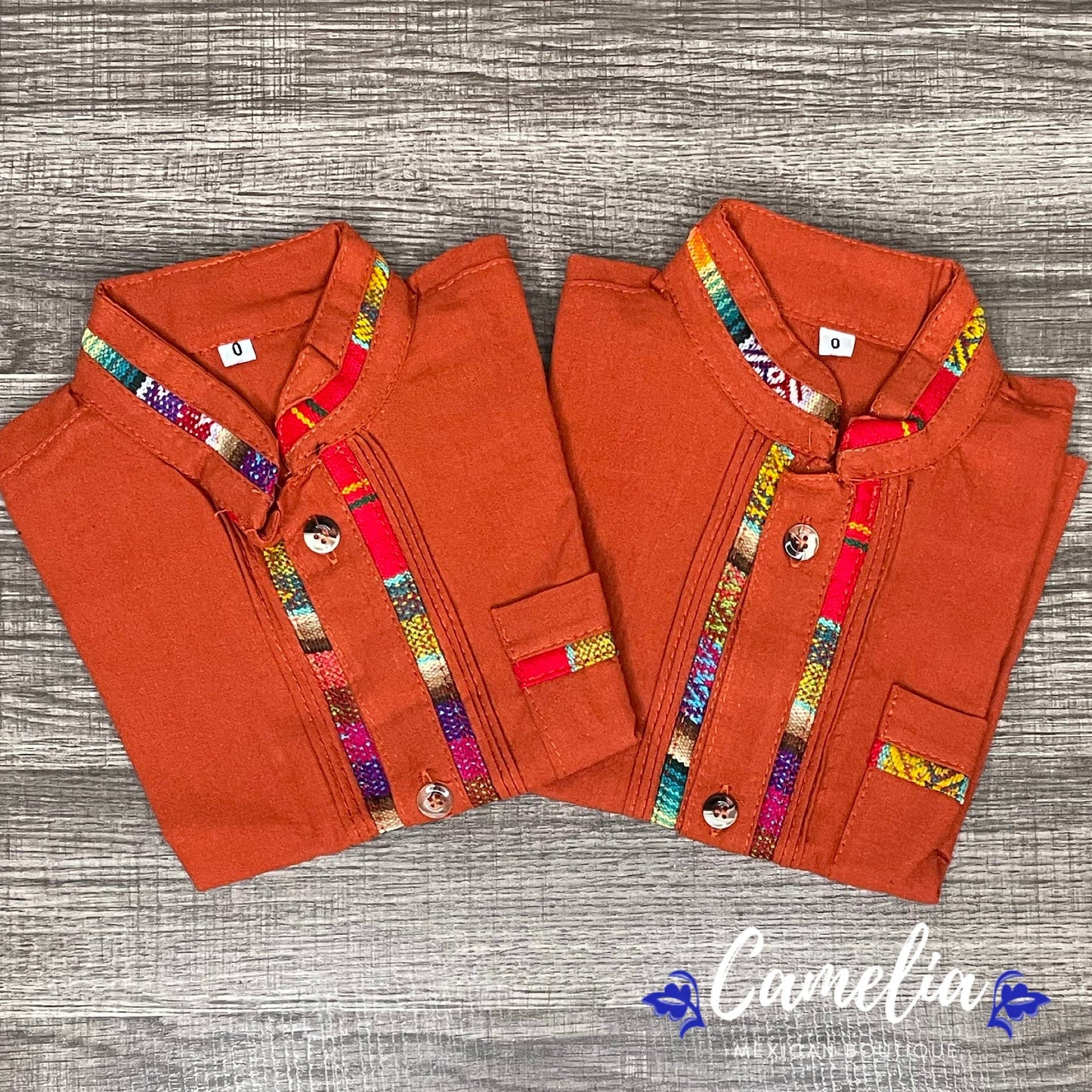 Men's Short Sleeve Guayabera Sarape Trim - Burnt Orange