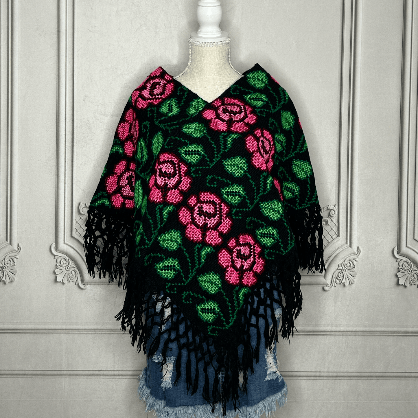 Mexican Cape Poncho Cross Stitch Roses Mexican Cape Poncho Cross Stitch Roses