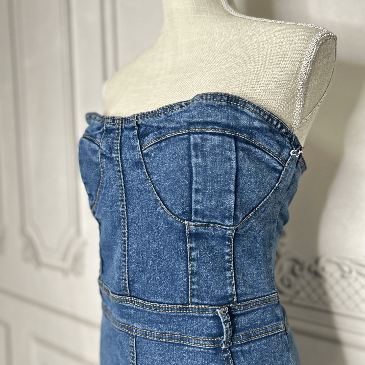 Mexican Embroidered Denim Strapless Dress - Front Slit Mexican Embroidered Denim Strapless Dress - Front Slit