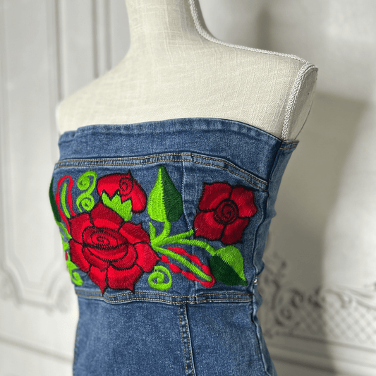 Mexican Embroidered Denim Strapless Dress Mexican Embroidered Denim Strapless Dress