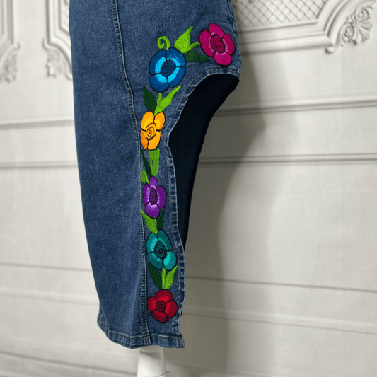Mexican Embroidered Denim Strapless Dress - Side Slit Mexican Embroidered Denim Strapless Dress - Side Slit
