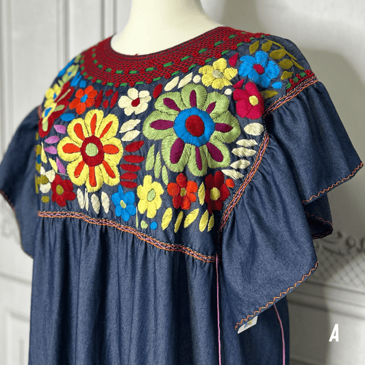 Mexican Embroidered Tiered Denim Maxi Dress - Rosie Mexican Embroidered Tiered Denim Maxi Dress - Rosie