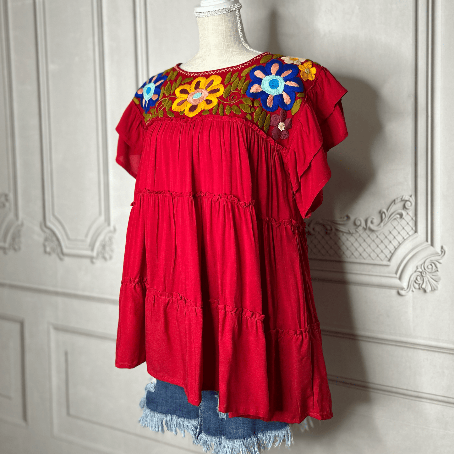 Mexican Embroidered Tiered Tunic with Layered Sleeve - Rosie Mexican Embroidered Tiered Tunic with Layered Sleeve - Rosie