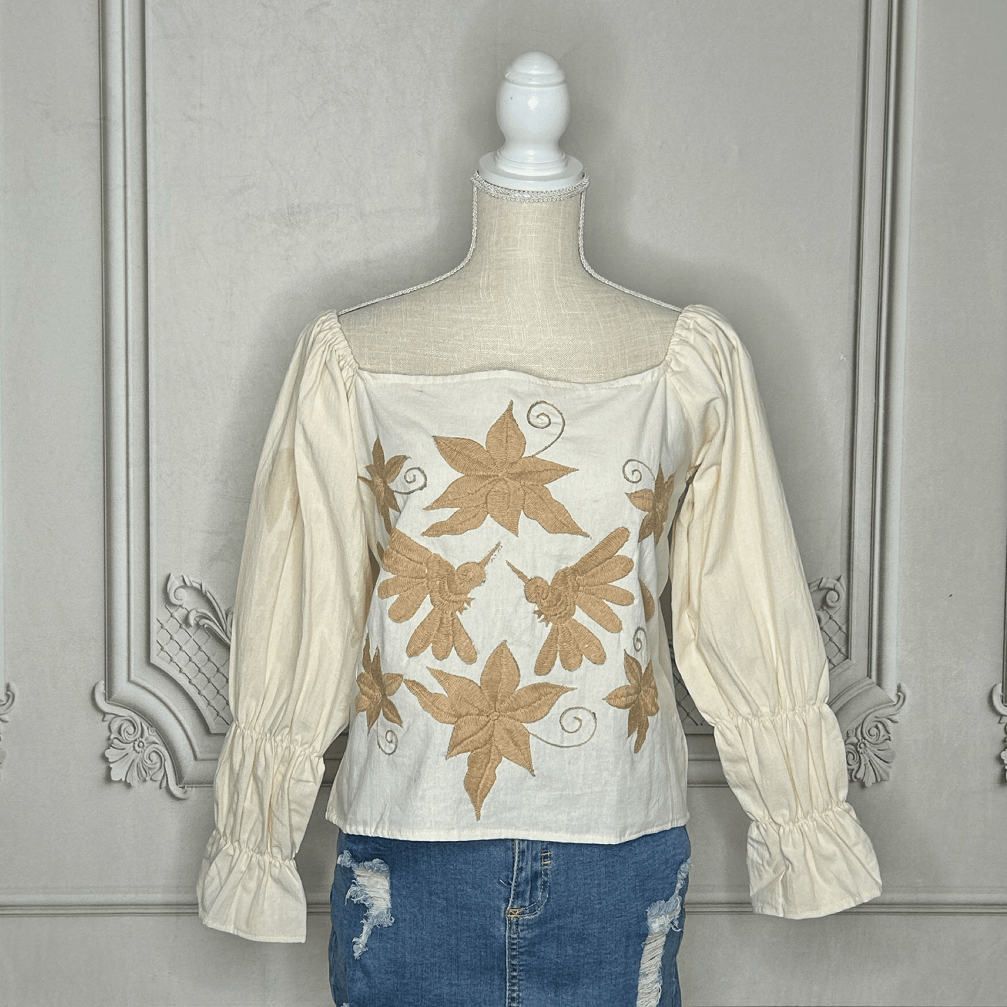 Mexican Otomi Blouse Puff Elastic Sleeve - Gold Mexican Otomi Blouse Puff Elastic Sleeve - Gold