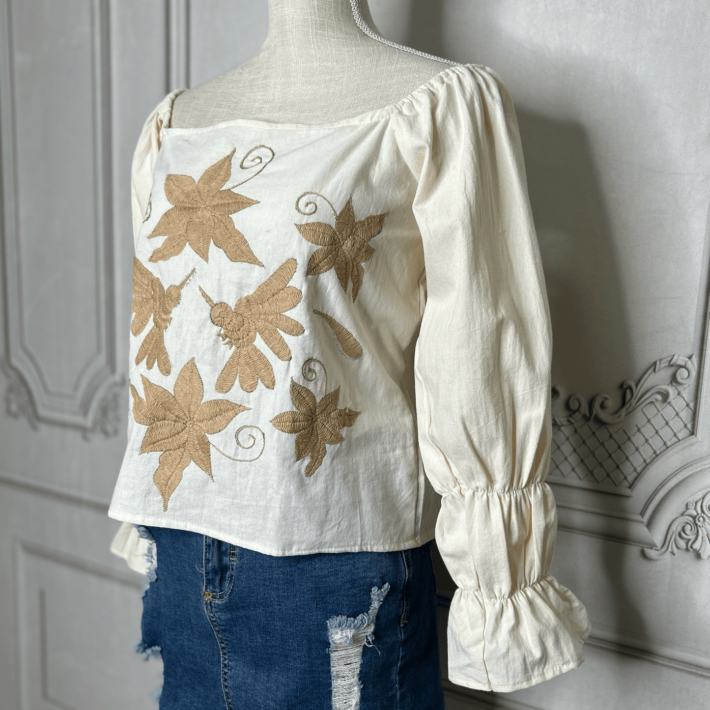 Mexican Otomi Blouse Puff Elastic Sleeve - Gold Mexican Otomi Blouse Puff Elastic Sleeve - Gold