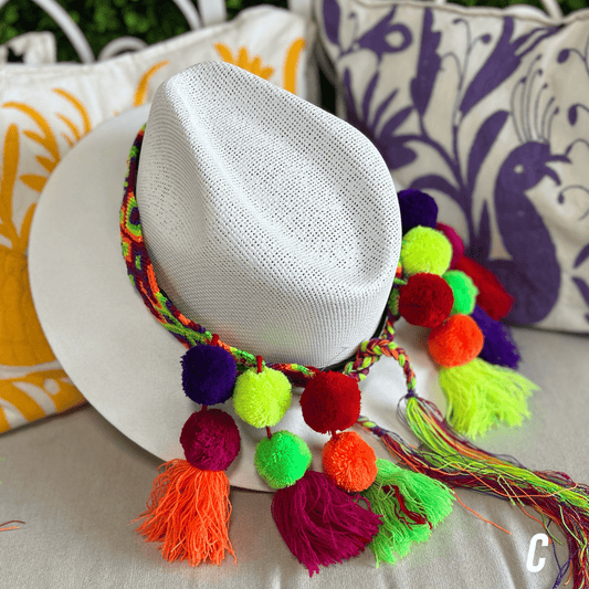 Mexican Woven Hat Band with Pom Poms Mexican Woven Hat Band with Pom Poms