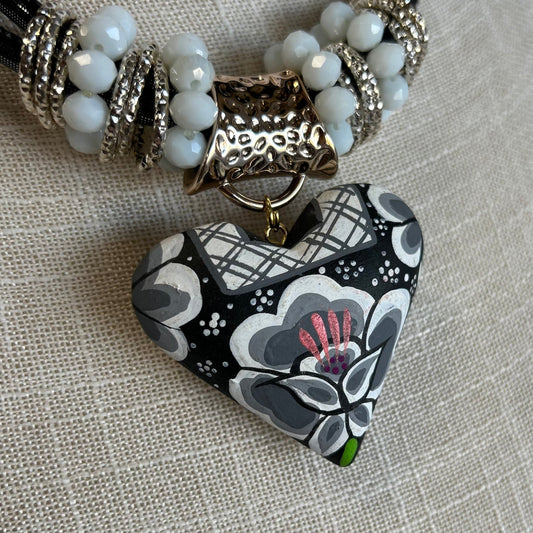 Oaxacan Ceramic Heart Necklace Set - Black Huipil Oaxacan Ceramic Heart Necklace Set - Black Huipil