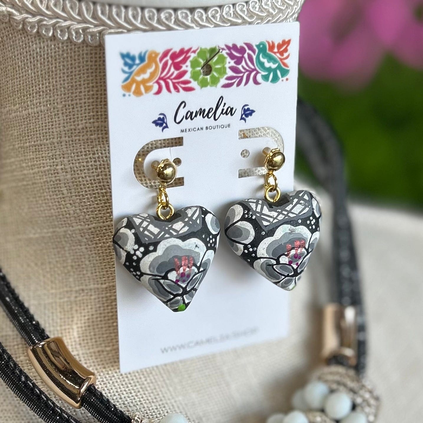 Oaxacan Ceramic Heart Necklace Set - Black Huipil Oaxacan Ceramic Heart Necklace Set - Black Huipil