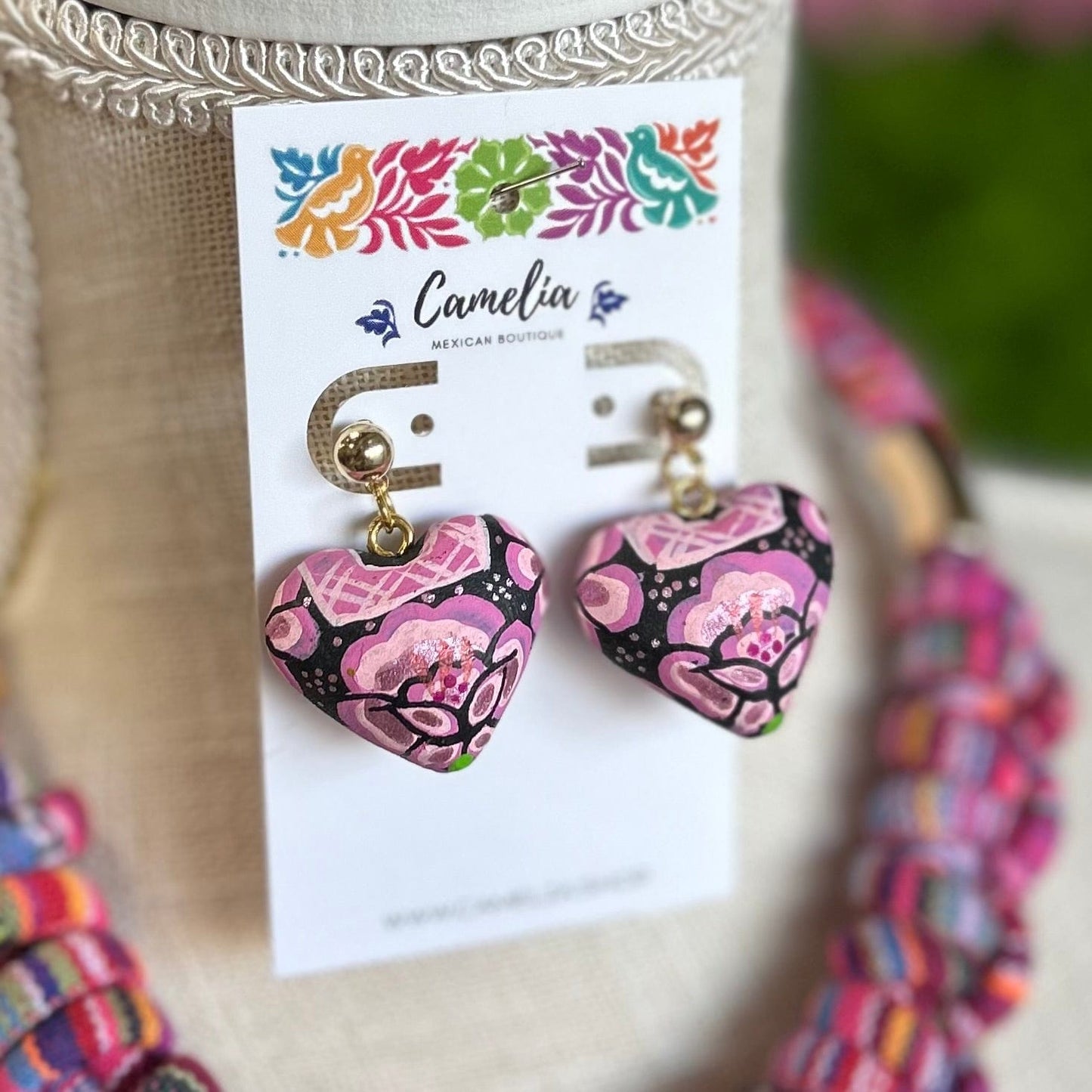 Oaxacan Ceramic Heart Necklace Set - Black Pink Huipil Oaxacan Ceramic Heart Necklace Set - Black Pink Huipil