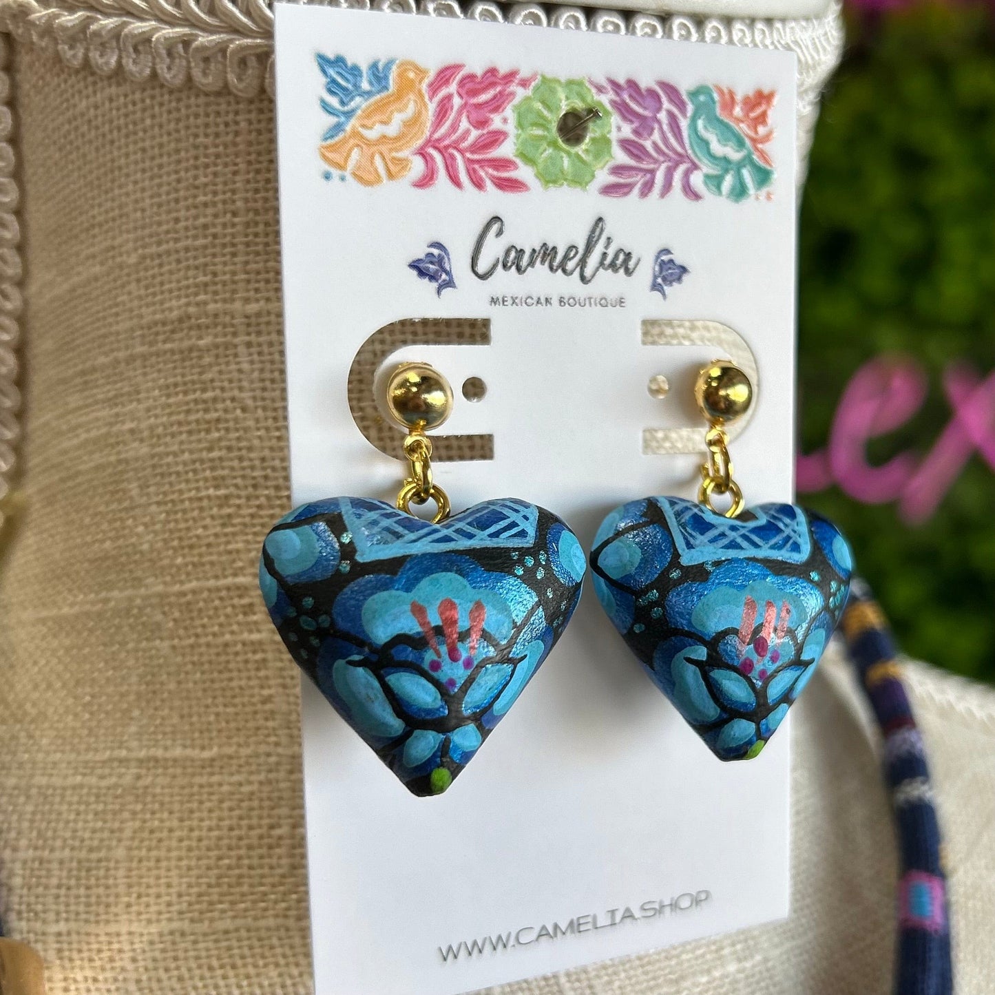 Oaxacan Ceramic Heart Necklace Set - Blue Huipil Oaxacan Ceramic Heart Necklace Set - Blue Huipil