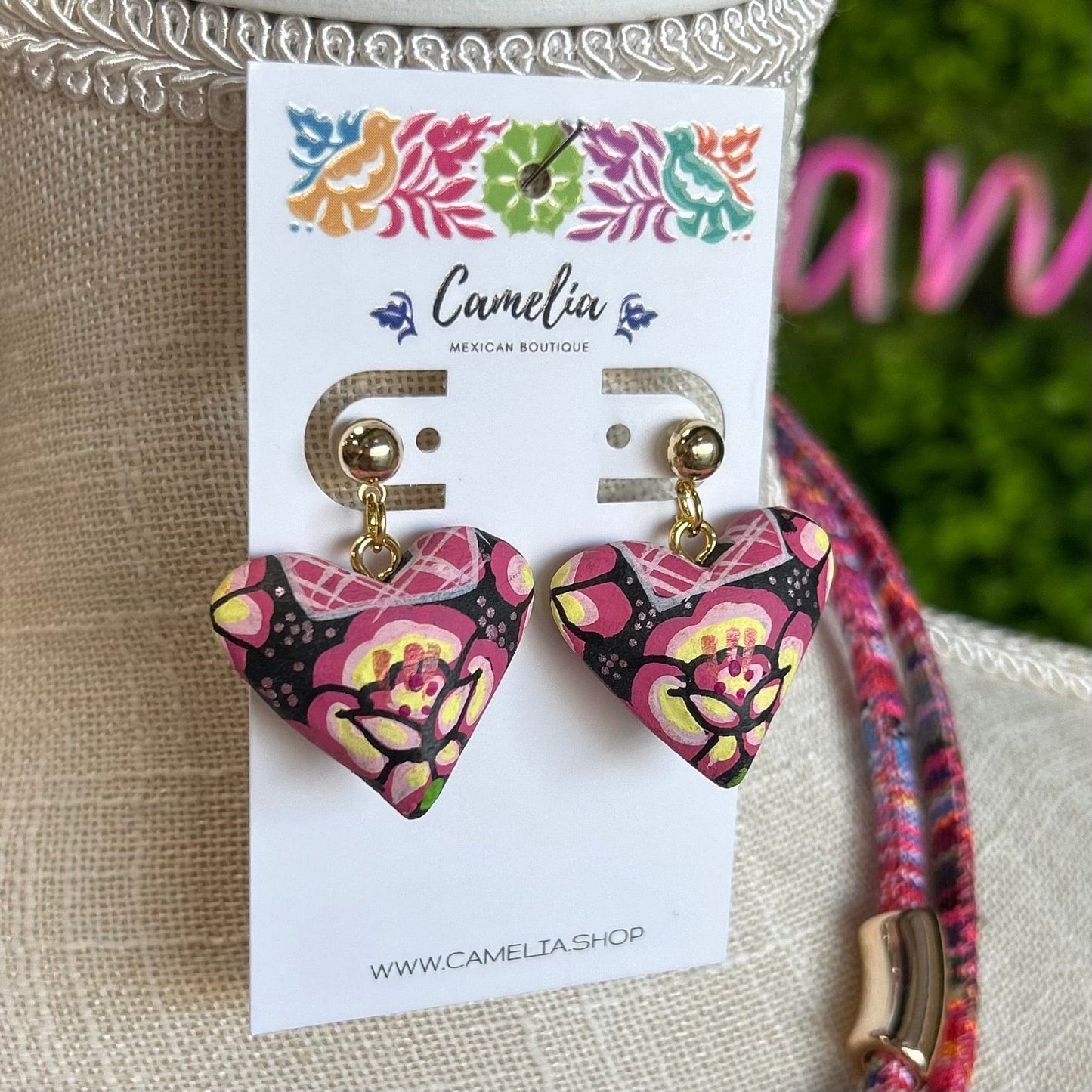 Oaxacan Ceramic Heart Necklace Set - Pink Hipil Oaxacan Ceramic Heart Necklace Set - Pink Hipil