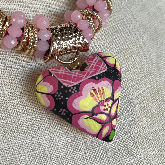 Oaxacan Ceramic Heart Necklace Set - Pink Hipil Oaxacan Ceramic Heart Necklace Set - Pink Hipil
