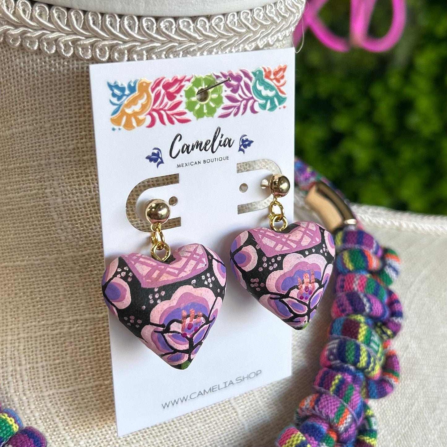 Oaxacan Ceramic Heart Necklace Set - Purple Huipil Oaxacan Ceramic Heart Necklace Set - Purple Huipil