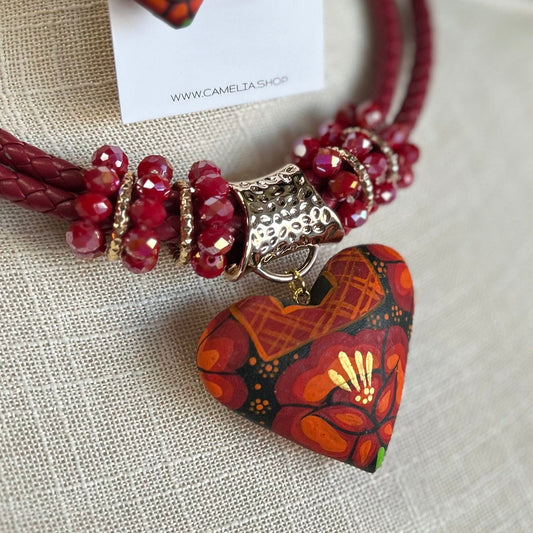 Oaxacan Ceramic Heart Necklace Set - Red Orange Huipil Oaxacan Ceramic Heart Necklace Set - Red Orange Huipil