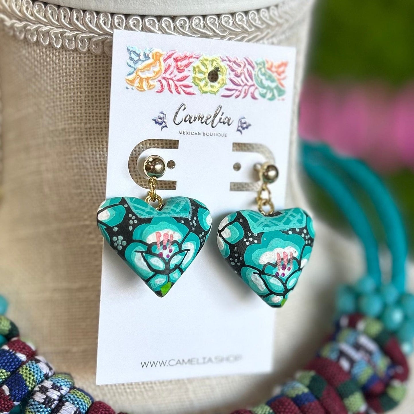 Oaxacan Ceramic Heart Necklace Set - Teal Huipil Oaxacan Ceramic Heart Necklace Set - Teal Huipil