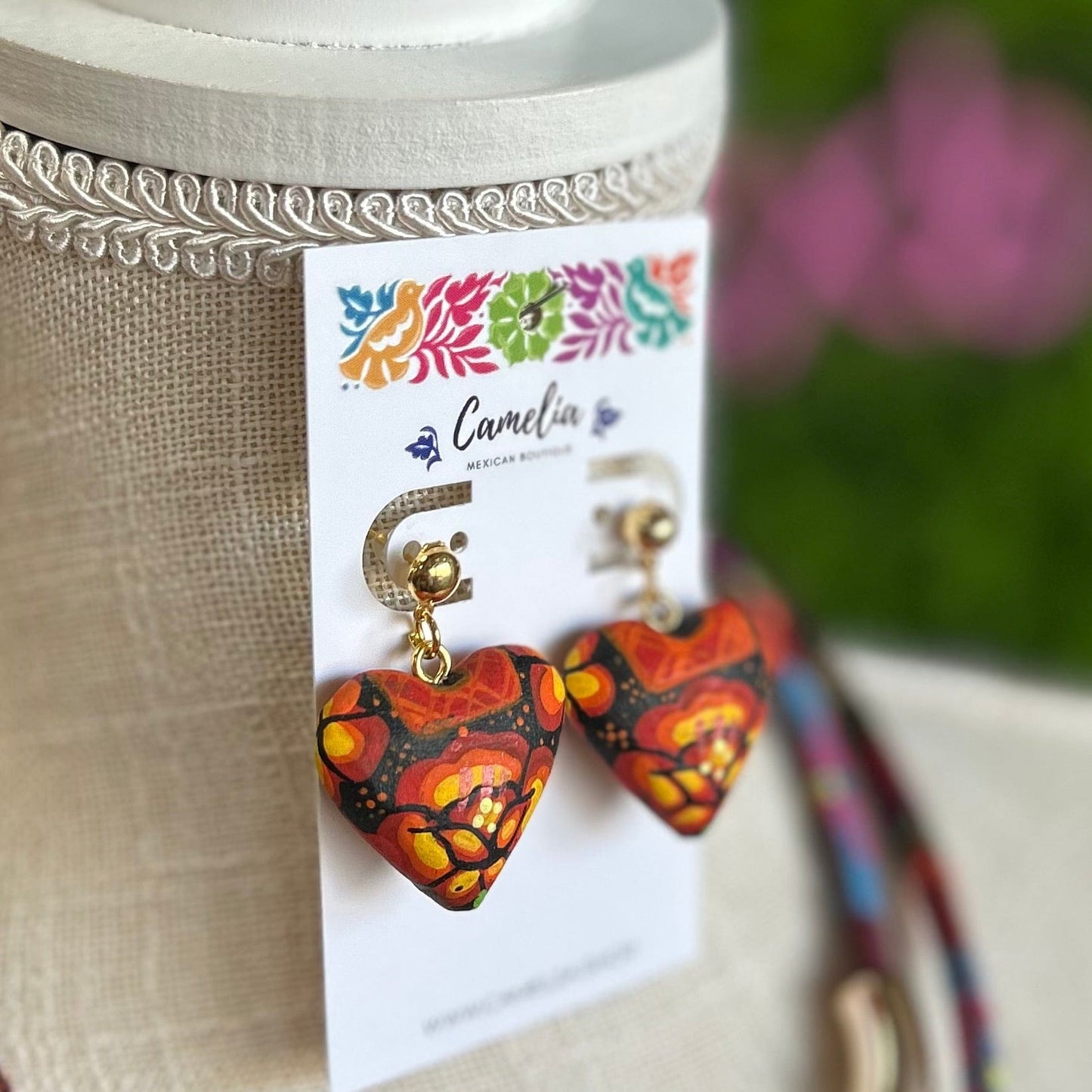 Oaxacan Ceramic Heart Necklace Set - Yellow Orange Huipil Oaxacan Ceramic Heart Necklace Set - Yellow Orange Huipil