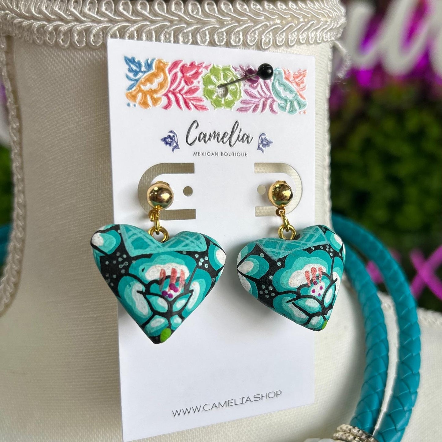 Oaxacan Heart Necklace Set - White Teal Huipil Oaxacan Heart Necklace Set - White Teal Huipil