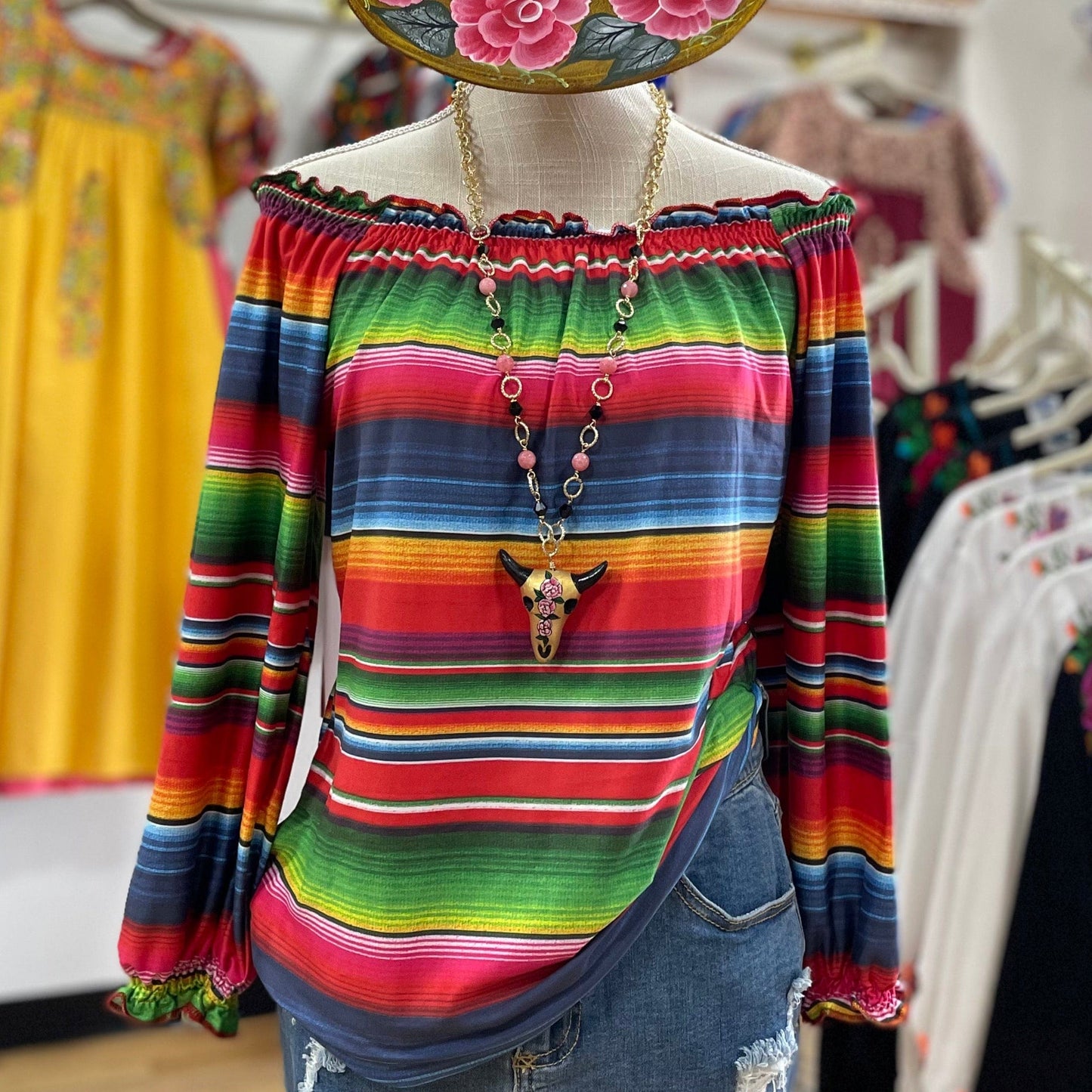 Off Shoulder Sarape Print Blouse