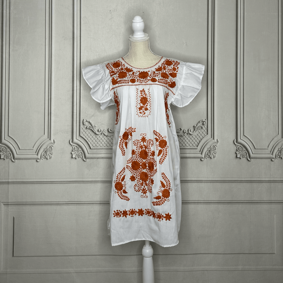 Puebla Mexican Burnt Orange Dress - Butterfly Sleeve