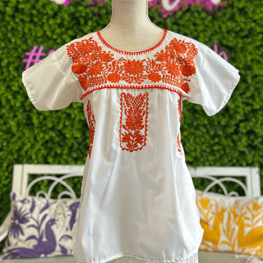 Puebla Orange and White Embroidered Blouse Puebla Orange and White Embroidered Blouse