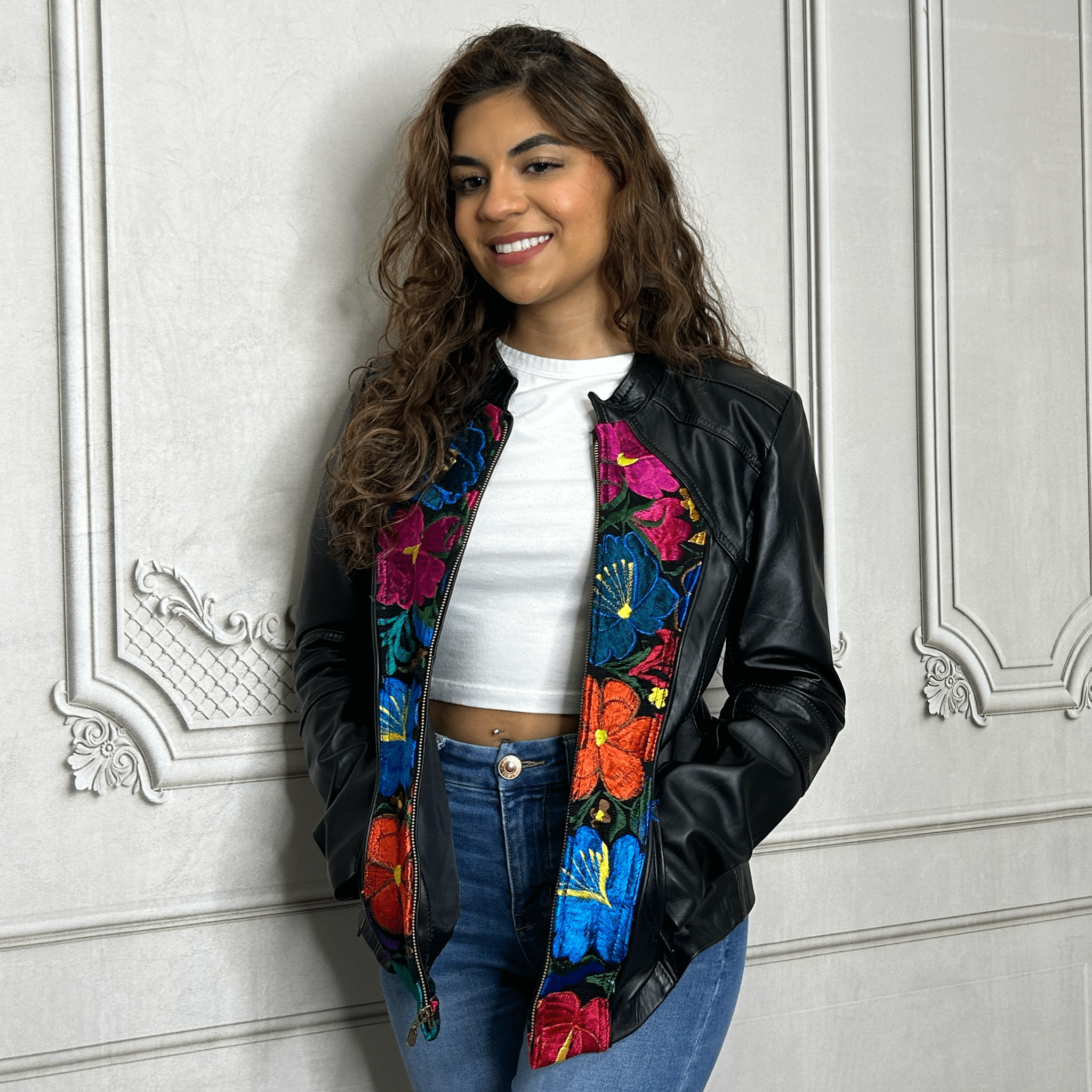 Mexican Racer Style Leather Jacket - Zinia Embroidery – Camelia