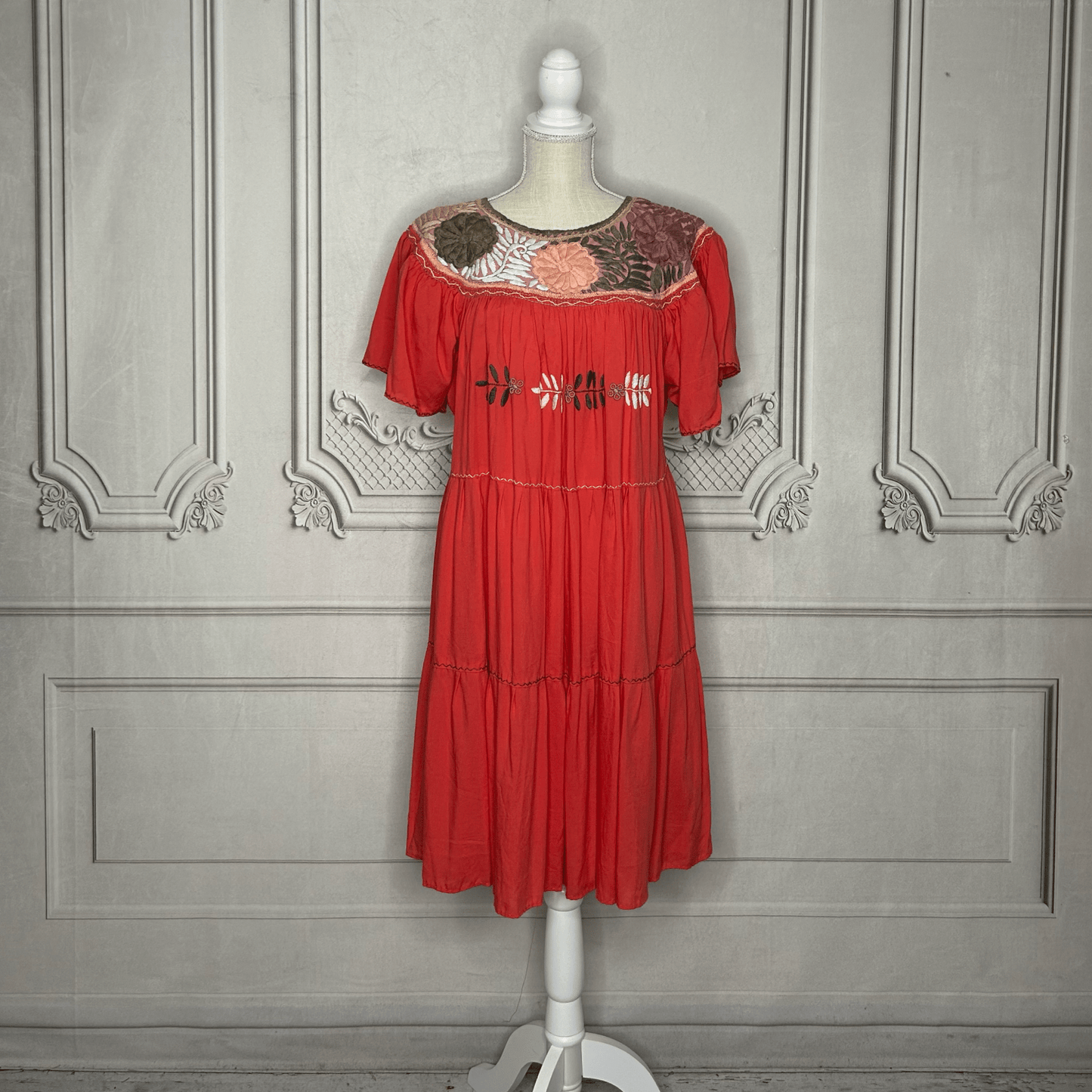 Rococo Butterfly Sleeve Tiered Midi Dress - Round Neck Rococo Butterfly Sleeve Tiered Midi Dress - Round Neck