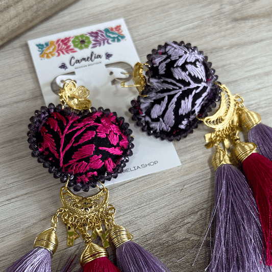 San Antonino Mexican Embroidered Heart Earrings - Lilac Pink