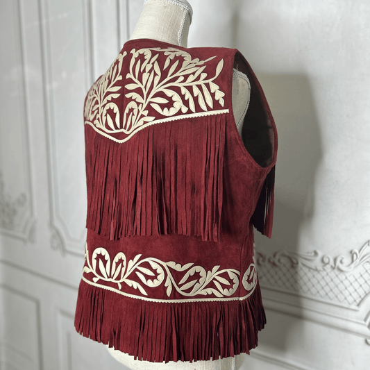 Tamaulipeca Leather Fringed Vest - Maroon - Women Tamaulipeca Leather Fringed Vest - Maroon - Women