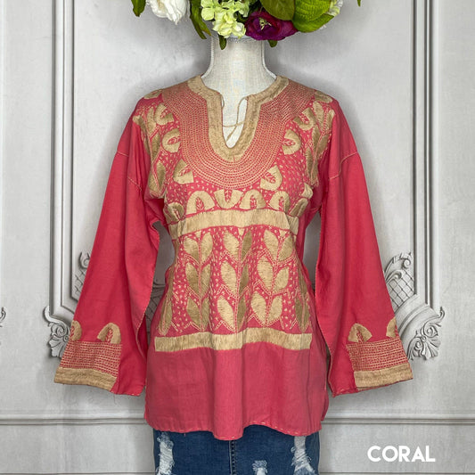 Corn Motif Mexican Blouse 3/4 Sleeve - Two Tone