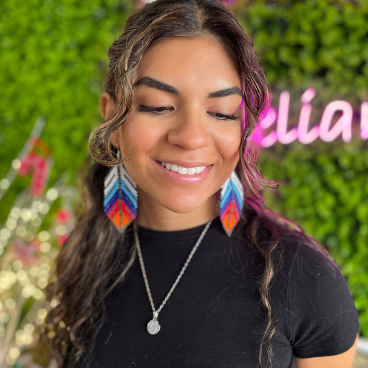Huichol Native American Beaded Earrings - Large Feathers