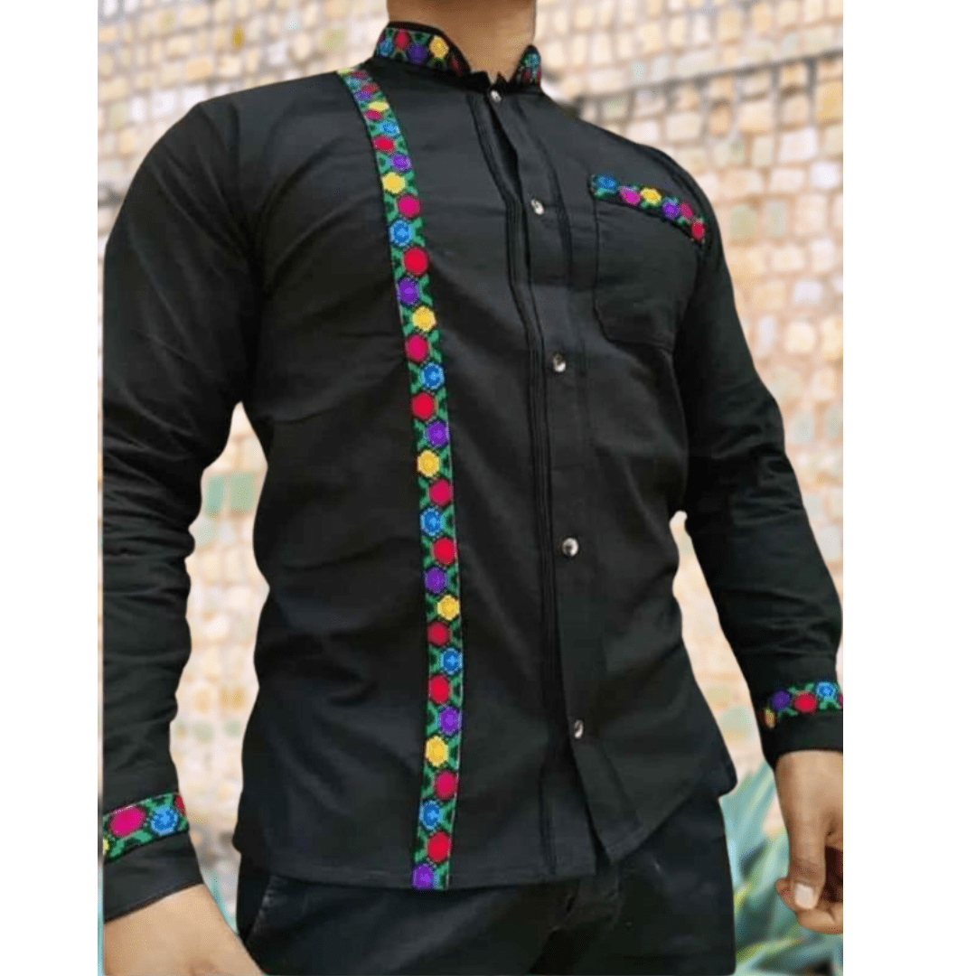 Men s Guayabera Shirt Long Sleeve Cross Stitch Daisy Camelia Mexican Boutique