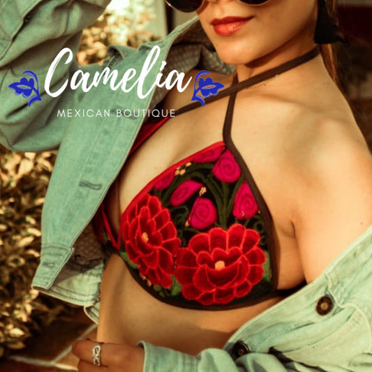 Mexican Embroidered Bikini Top with Poms - ZINNIA