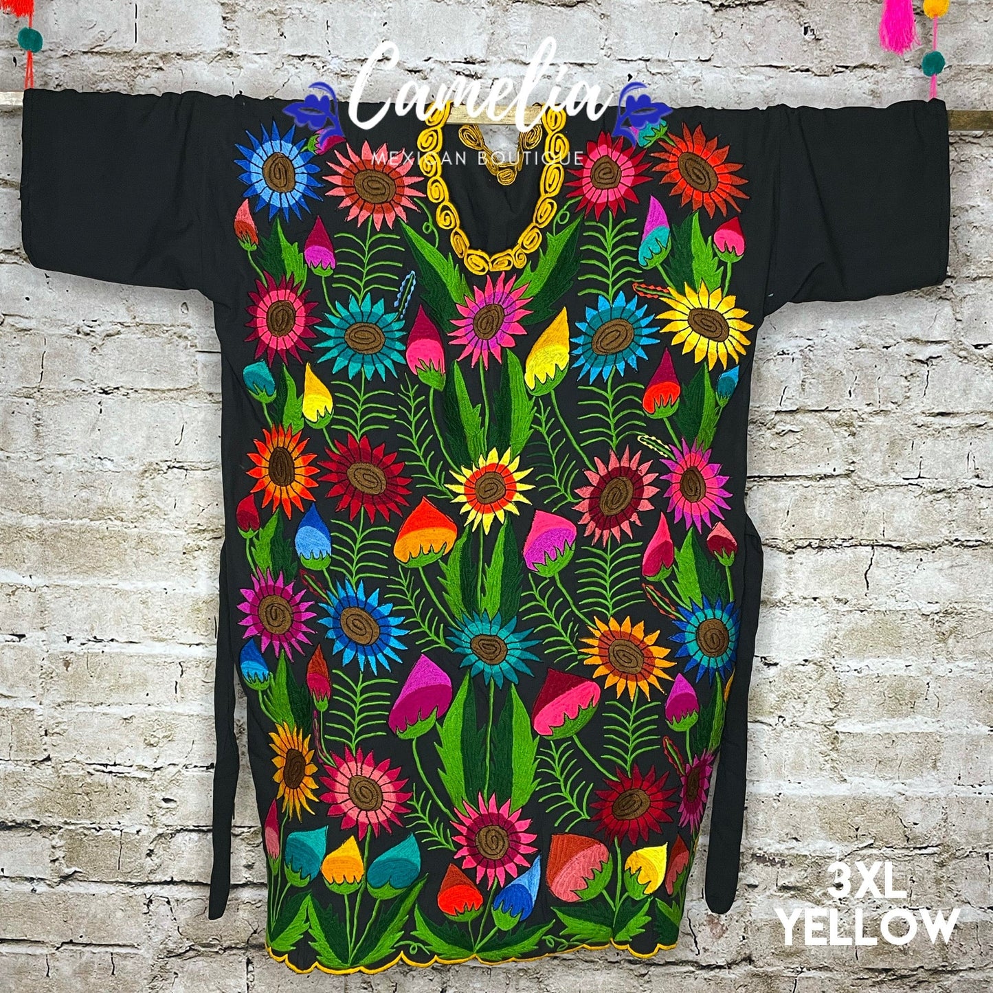 Mexican Huipil Dress Sunflowers PLUS
